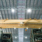 Double girder overhead crane above a heavy fabrication workshop